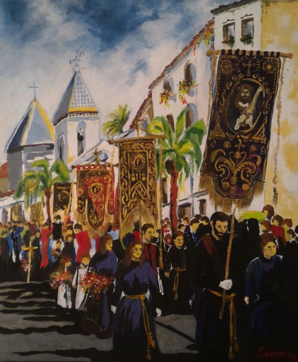 Painting titled "La procession à Mal…" by Eyquem, Original Artwork, Acrylic