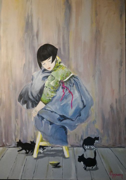 Peinture intitulée "quatre-chats-autour…" par Eyquem, Œuvre d'art originale, Acrylique