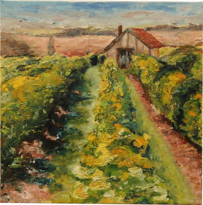 Painting titled "cabane-dans-les-vig…" by Nadine C, Original Artwork, Oil