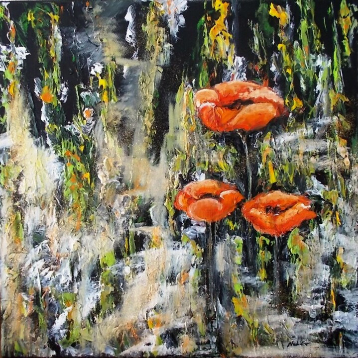 Painting titled "les-amis-coquelicot…" by Nadine Jacot (Nad-Ev), Original Artwork, Oil