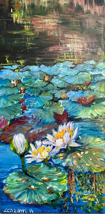 Painting titled "Giverny en automne…" by Nadine Lenzotti, Original Artwork, Acrylic Mounted on Wood Stretcher frame