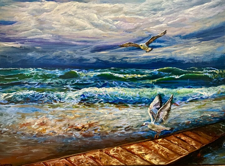 Peinture intitulée "Marée d’équinoxe 20…" par Nadine Lenzotti, Œuvre d'art originale, Acrylique Monté sur Châssis en bois