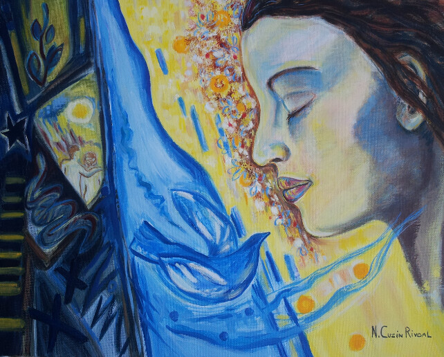 Painting titled "Un oiseau m'a dit" by Nadine Rivoal, Original Artwork, Acrylic
