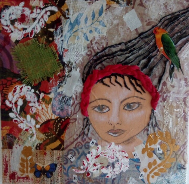 Collages titled "La fille au perroqu…" by Nadine Somoza, Original Artwork, Collages
