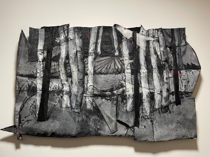 Textile Art titled "à l'aube" by Nadine Vergues, Original Artwork, Textile fiber Mounted on Wood Stretcher frame