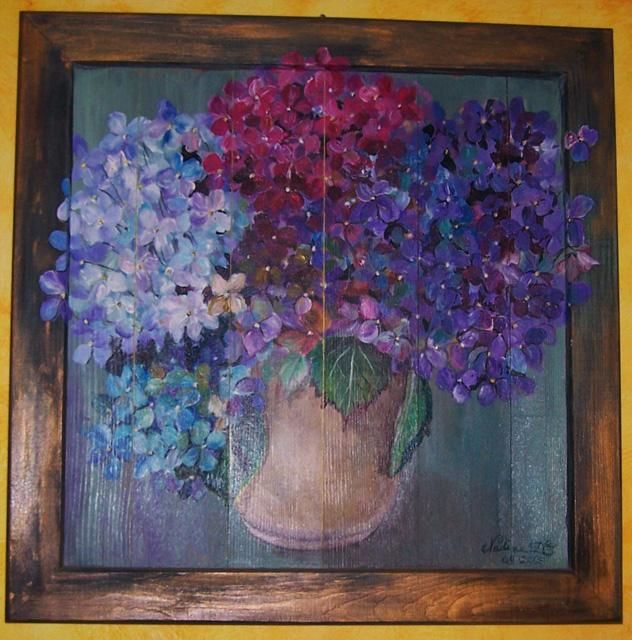 Peinture intitulée "hortensias sur bois" par Nadine Coffinier, Œuvre d'art originale