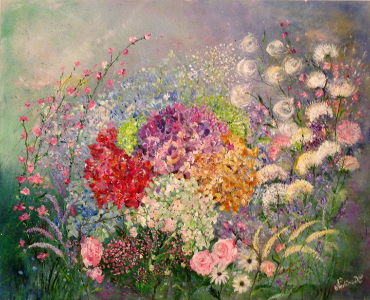 Painting titled "profusion de fleurs" by Nadine Coffinier, Original Artwork, Acrylic