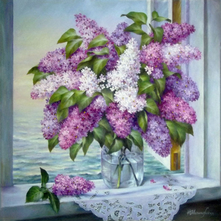 Painting titled "Lilac" by Nadine Malino, Original Artwork, Oil