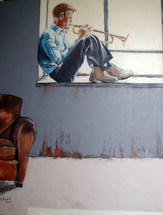 Картина под названием "fenetre-sur-blues.j…" - Nadine Nicaise, Подлинное произведение искусства, Масло