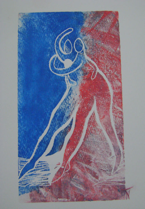 Prenten & gravures getiteld ""Allez viens ma dou…" door Nadine Trescartes (fildefériste), Origineel Kunstwerk, Linosnede