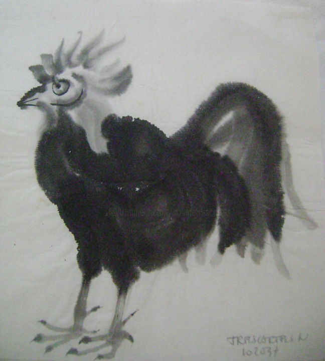 Σχέδιο με τίτλο "Le Coq" από Nadine Trescartes (fildefériste), Αυθεντικά έργα τέχνης, Μελάνι