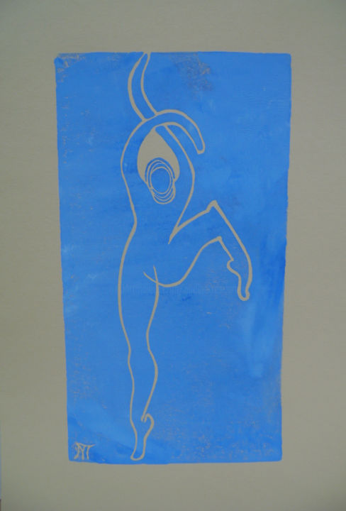 Gravures & estampes intitulée "danseuse bleu clair…" par Nadine Trescartes (fildefériste), Œuvre d'art originale, Linogravur…