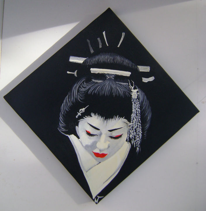Painting titled "Geisha noire" by Nadine Trescartes (fildefériste), Original Artwork, Gouache