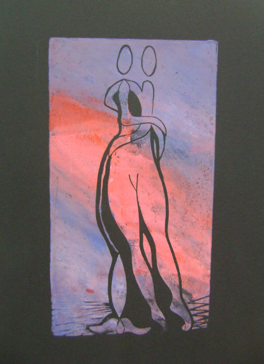 印花与版画 标题为“"le pendule" au cou…” 由Nadine Trescartes (fildefériste), 原创艺术品, Linocuts