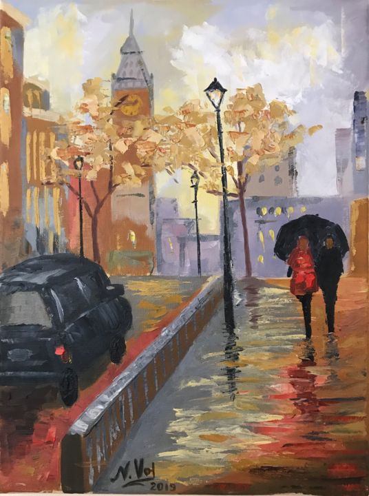 Painting titled "Rainy London" by Nadia Voro, Original Artwork, Oil Mounted on Wood Stretcher frame