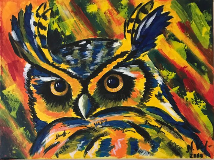 Painting titled "Owl" by Nadia Voro, Original Artwork, Acrylic Mounted on Wood Stretcher frame
