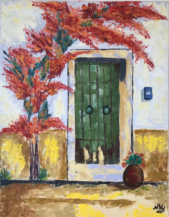 Painting titled "The Old Green Door" by Nadia Voro, Original Artwork, Oil Mounted on Wood Stretcher frame