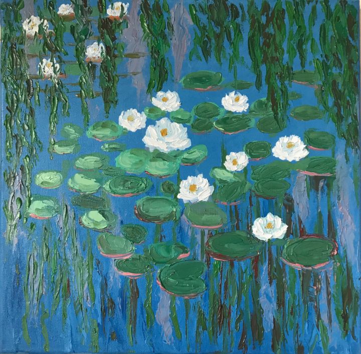 Painting titled "Water Lilies, Claud…" by Nadia Voro, Original Artwork, Oil Mounted on Wood Stretcher frame