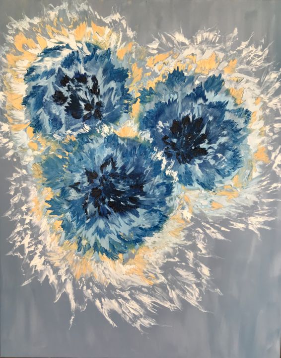 Painting titled "Cornflowers" by Nadia Voro, Original Artwork, Oil Mounted on Wood Stretcher frame