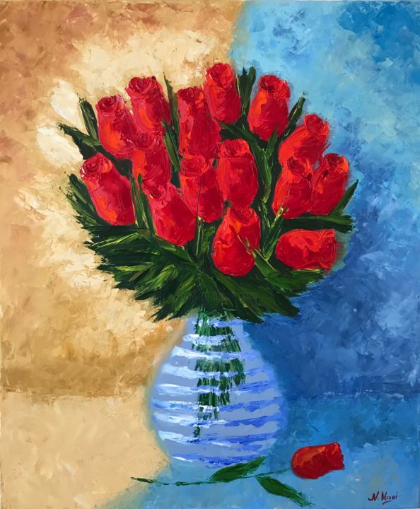 Schilderij getiteld "Bouquet of Roses" door Nadia Voro, Origineel Kunstwerk, Olie Gemonteerd op Frame voor houten brancard