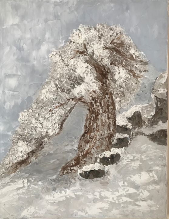 Painting titled "Lonely tree covered…" by Nadia Voro, Original Artwork, Oil Mounted on Wood Stretcher frame