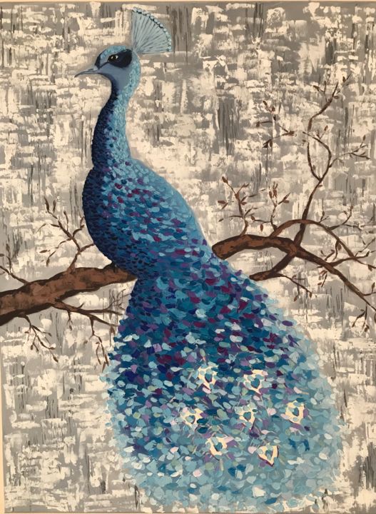Painting titled "Peacock" by Nadia Voro, Original Artwork, Oil Mounted on Wood Stretcher frame