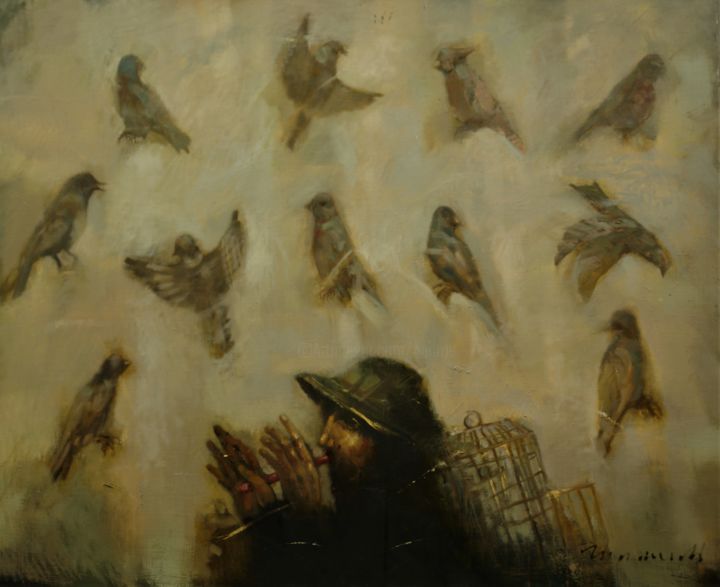 Painting titled "Birder" by Shamil Nadrov, Original Artwork, Oil