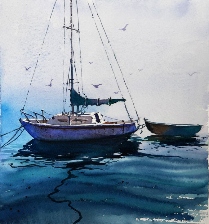 Картина под названием "Sail and boat in th…" - Nady Navy, Подлинное произведение искусства, Акварель