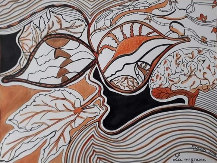 Dessin intitulée "La migraine" par Nadya Abrous, Œuvre d'art originale, Encre