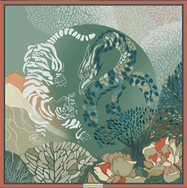 Textile Art με τίτλο "Tiger-Dragon" από Nadya Chachilo, Αυθεντικά έργα τέχνης, Ύφασμα