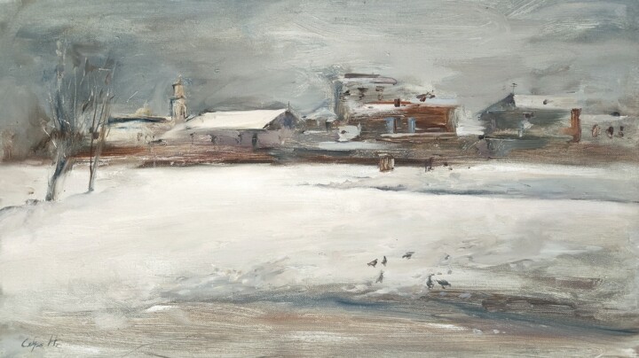 Painting titled "Winter in Kharkiv,…" by Nadya Syabro, Original Artwork, Oil