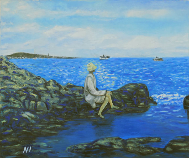 Painting titled "The blu rokc" by Надежда Иванова, Original Art, Oil Mounted on Stretcher frame