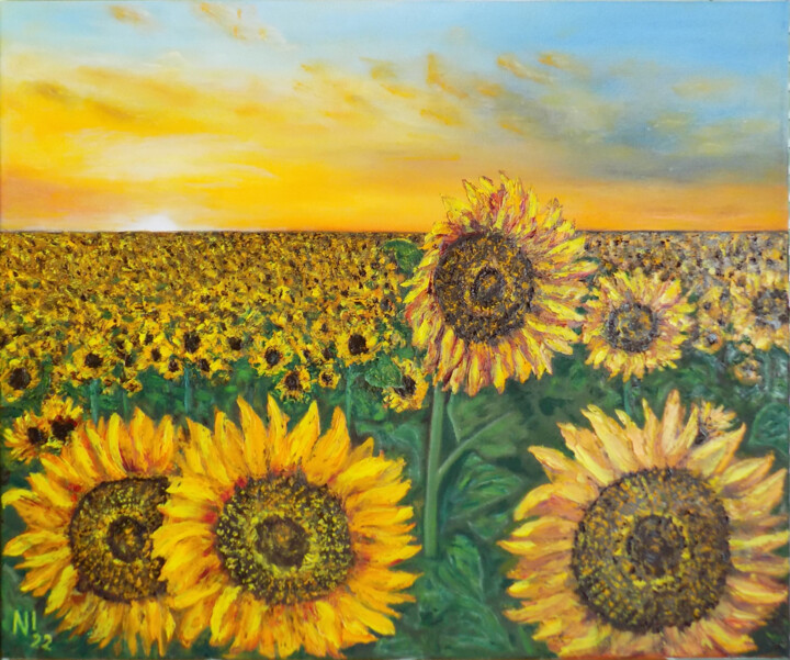 Painting titled "Sunflowers" by Nadezhda Ivanova, Original Artwork, Oil Mounted on Wood Stretcher frame