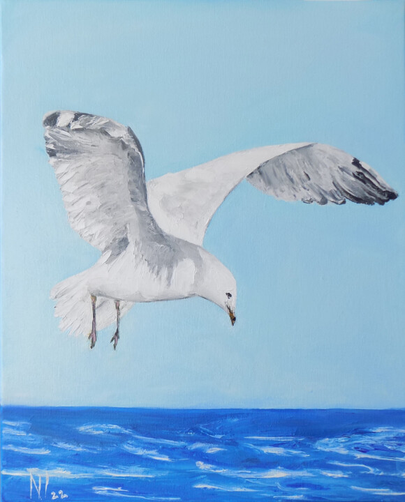 Painting titled "Seagull 2" by Nadezhda Ivanova, Original Artwork, Oil Mounted on Wood Stretcher frame