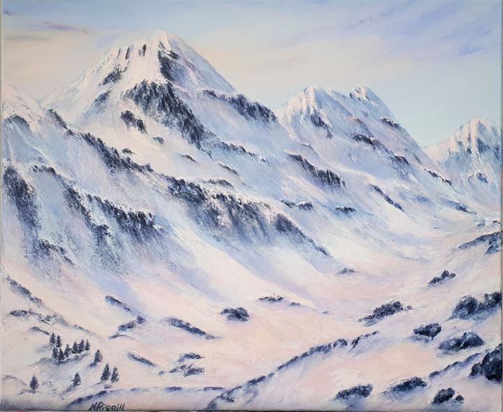 Malerei mit dem Titel "Montagnes enneigées…" von Nadya Rigaill, Original-Kunstwerk, Öl