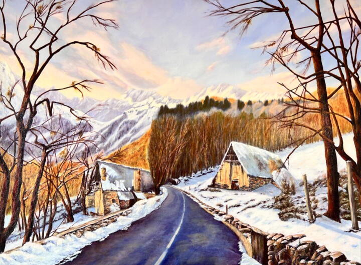Painting titled "Route Hivernale de…" by Nadya Rigaill, Original Artwork, Oil Mounted on Wood Stretcher frame