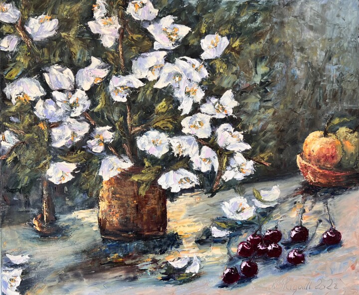 Painting titled "Jasmin en fleurs da…" by Nadya Rigaill, Original Artwork, Oil Mounted on Wood Stretcher frame
