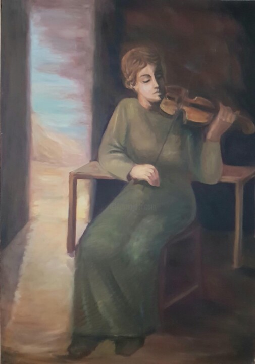 Painting titled "violinist" by Nafiseh Jafary, Original Artwork, Oil