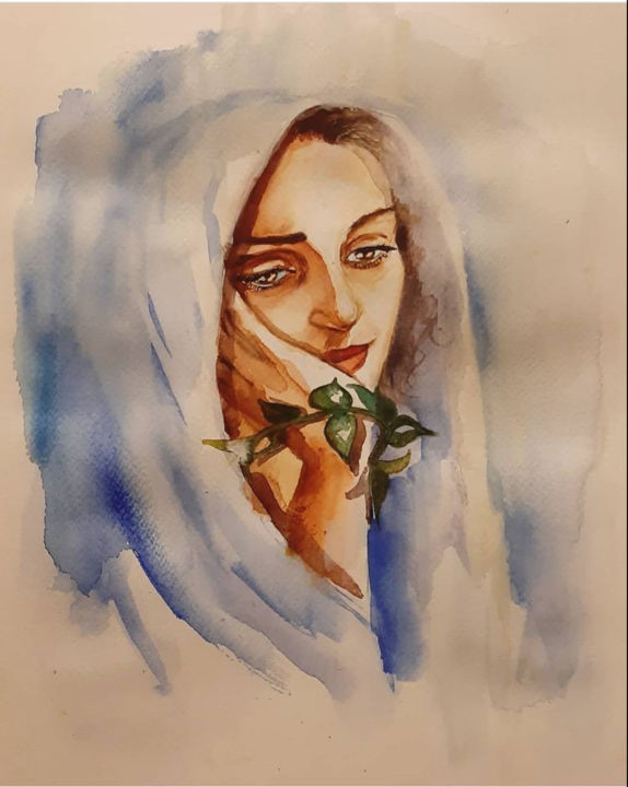 Peinture intitulée "Thoughtful" par Mousavi Rad Nafiseh, Œuvre d'art originale, Aquarelle