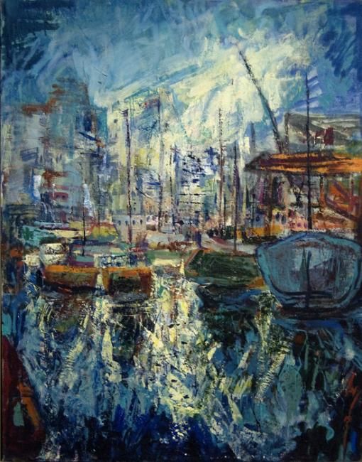 Painting titled "Fisherman's Dock in…" by Dan Moran, Original Artwork, Oil