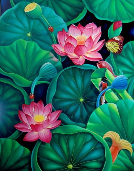 Schilderij getiteld "lotus" door Murali Nagapuzha, Origineel Kunstwerk, Olie