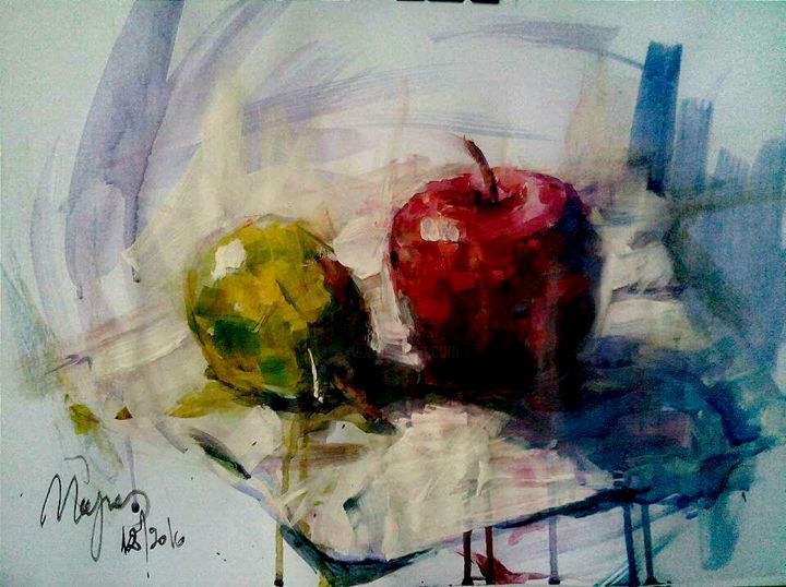 Painting titled "Apple & pear" by Nagia Chrisanthacopoulou, Original Artwork, Acrylic