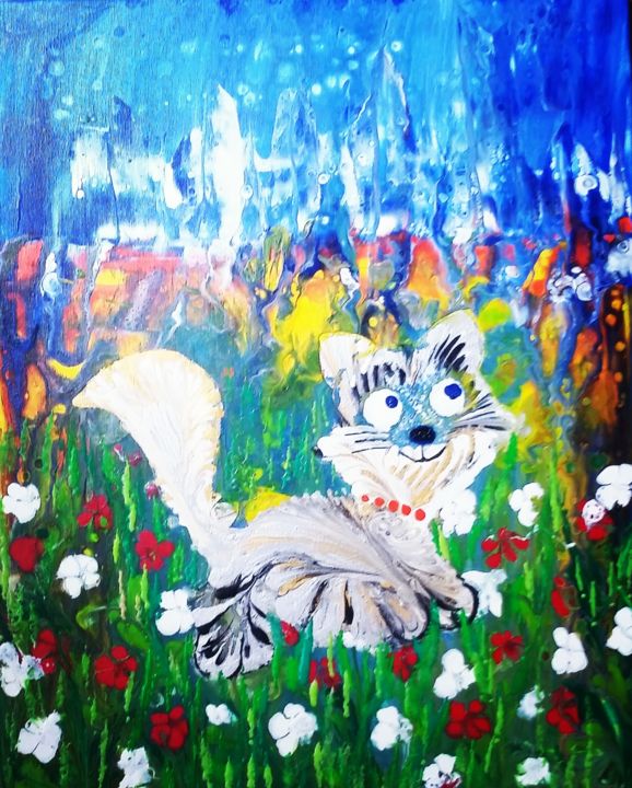 Painting titled "Jardin pour un chat" by Nagwa Safey, Original Artwork, Acrylic