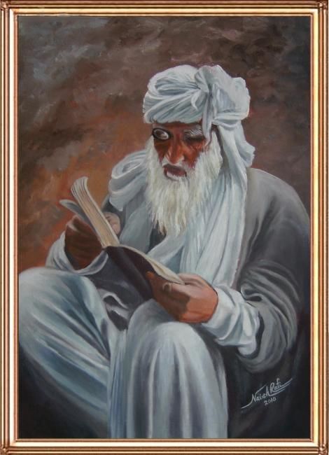 Painting titled "old man reading book" by Rafi Naish, Original Artwork