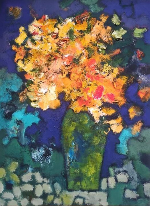 Malerei mit dem Titel "Gold flowers" von Kate Goncharik, Original-Kunstwerk, Acryl