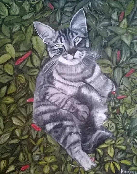 Peinture intitulée "GATA E O VERDE" par Sandra Regina Herrera, Œuvre d'art originale, Huile