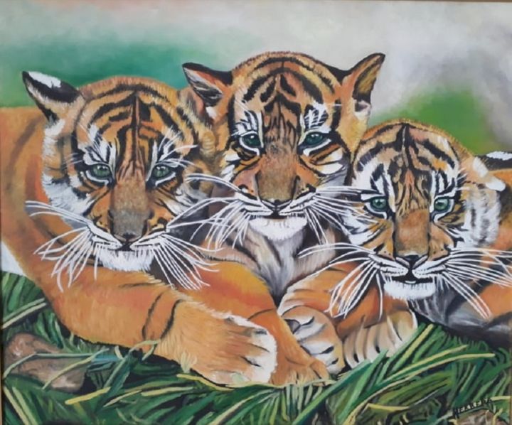 Pintura intitulada "Reprodução: um tigr…" por Sandra Regina Herrera, Obras de arte originais, Óleo