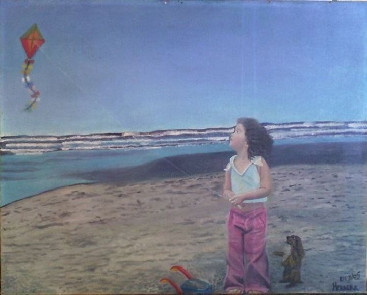Pintura intitulada "Menina e a Praia" por Sandra Regina Herrera, Obras de arte originais, Óleo