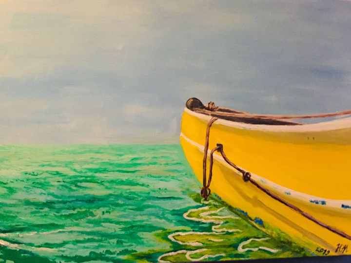 Painting titled "Yellow boat cruise" by Julia Nazar, Original Artwork, Oil
