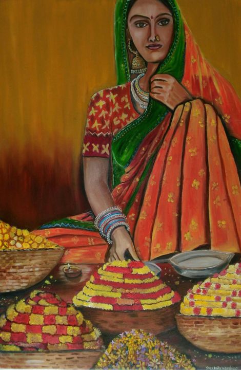 Painting titled "Indian flower selli…" by Sreekala Nambiar, Original Artwork, Oil